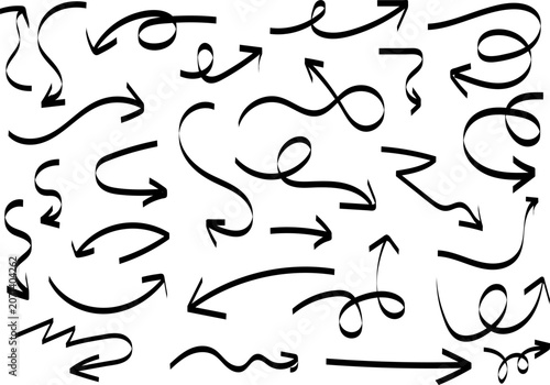 Collection of hand drawn black arrow shapes directional indicators and flowing lines