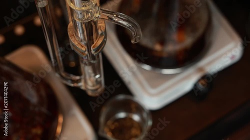 Distillation Glass Apparatus Laboratory Alcohol Gin Science Chemistry Hot Plate Transparent Equipment Liquid Experiment Process Beverage Brown Closeup Research Industry Scientific Tool Beaker Flask
