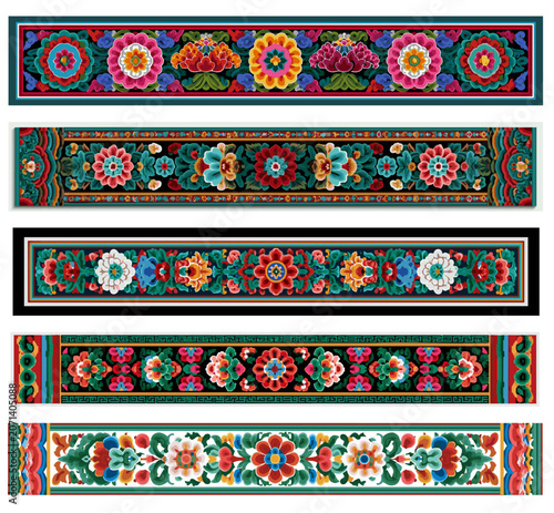 Traditional Korean Dancheong colorful floral pattern horizontal border frame vector set