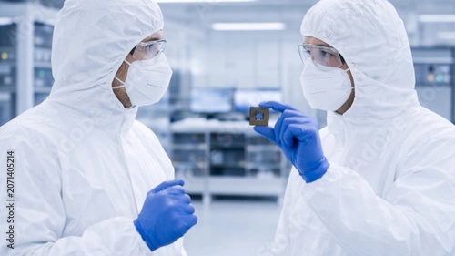 Workers in protective clothing inspecting microchip in a modern scientific laboratory.

