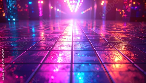 Vibrant Neon Reflections on a Tiled Surface - A Futuristic Aesthetic.