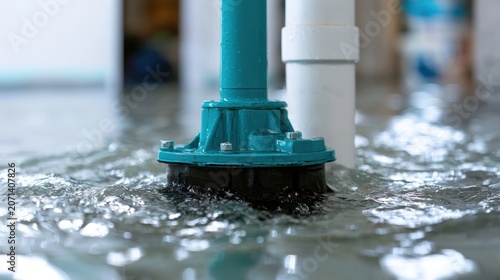 Industrial sump pump operating in floodwater with visible teal and black components