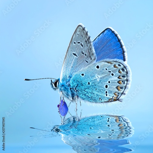 A vibrant blue butterfly rests delicately on a reflective surface, showcasing intricate wing patterns and colors. Its reflection is crisp
