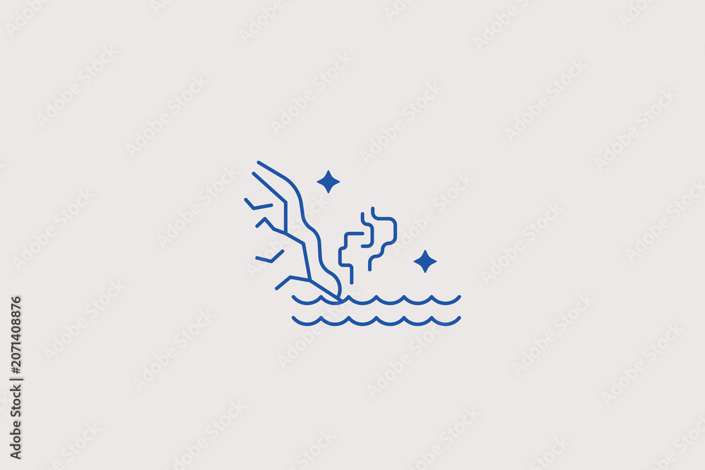 Fototapeta premium Volcanic lava flowing into rippling sea water line icon for geology blog, travel agency, science website. Beautiful vector illustration for education services.