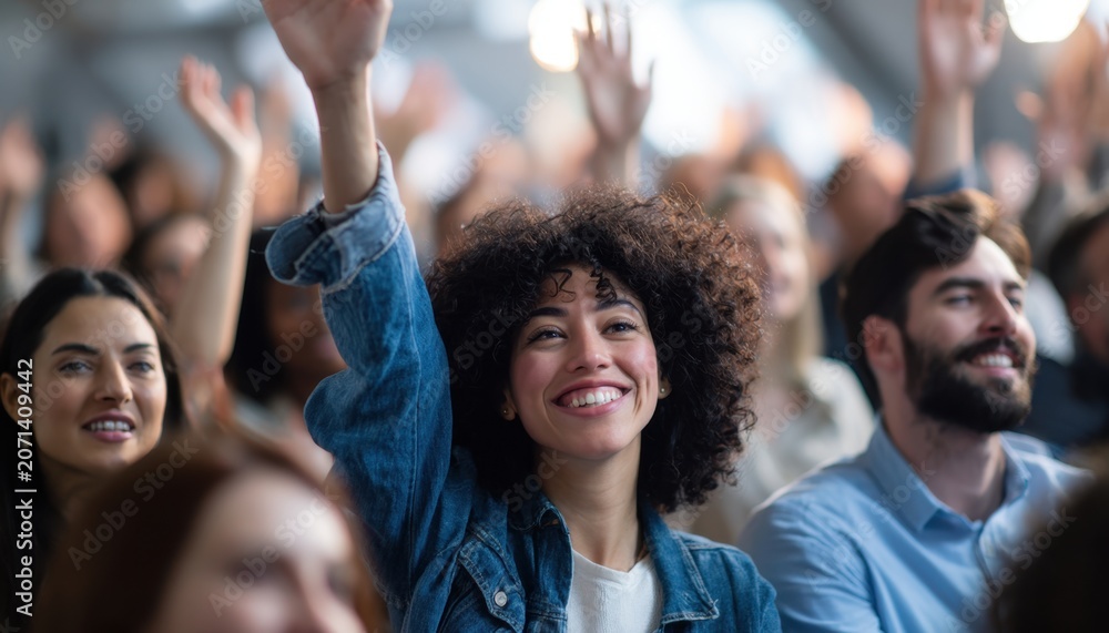 Fototapeta premium Joyful woman in denim jacket raises hand among enthusiastic concert crowd