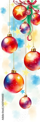 Watercolor Christmas decorations illustration with balls and stars, christmas, ||watercolor