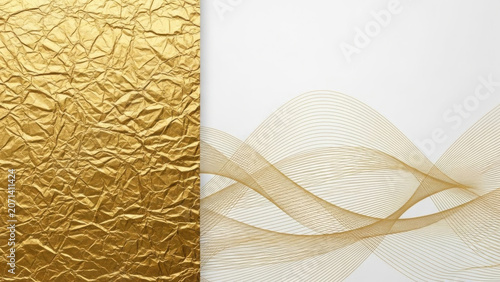 Golden crumpled paper texture with wavy lines transitioning to white background.