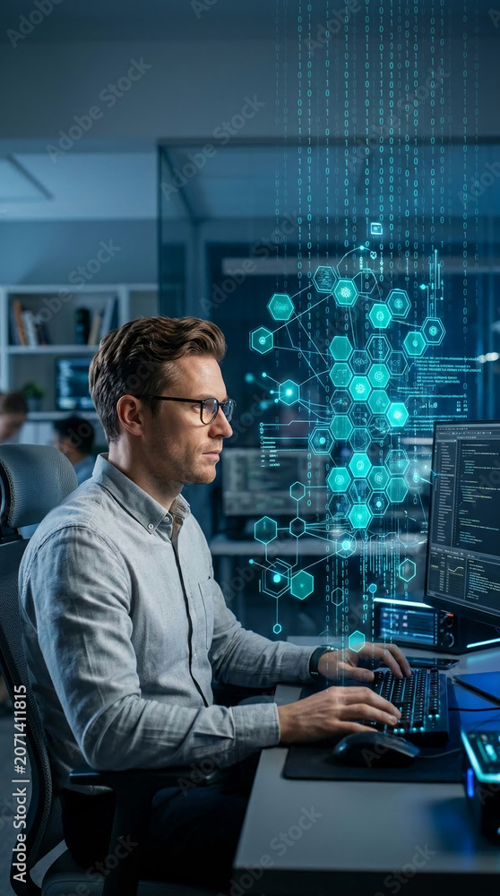 Fototapeta premium Man in office coding on computer with binary code and data visualization overlay, symbolizing digital technology and innovation