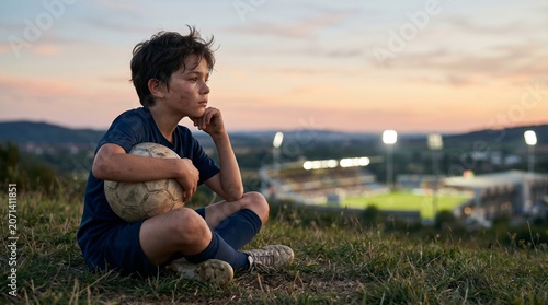 Young soccer player sitting on a hill dreaming of playing in a professional stadium