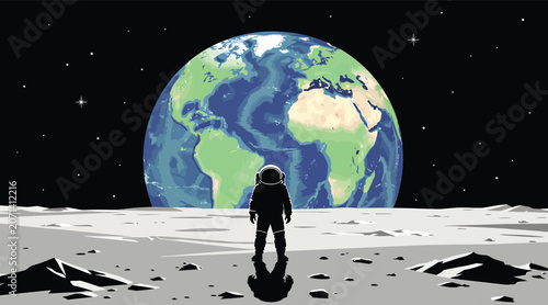 Bild auf Leinwand Lone astronaut on moon surface gazes at large planet earth in starry deep space,
