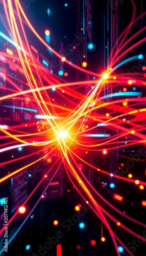 Abstract digital background with glowing lighting lines and tech patterns