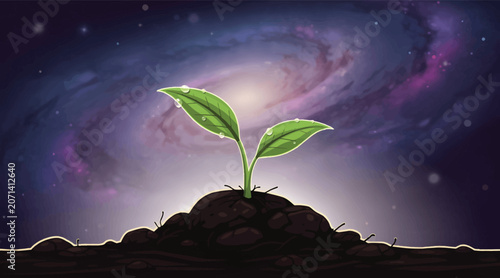 Tableau sur toile Tiny green seedling growing from dark soil against a swirling galaxy background, symbolizing new beginnings and cosmic growth
