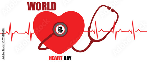 World heart day illustration with stethoscope and red heartbeat line
