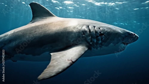 Large great white shark swimming through deep blue ocean water
