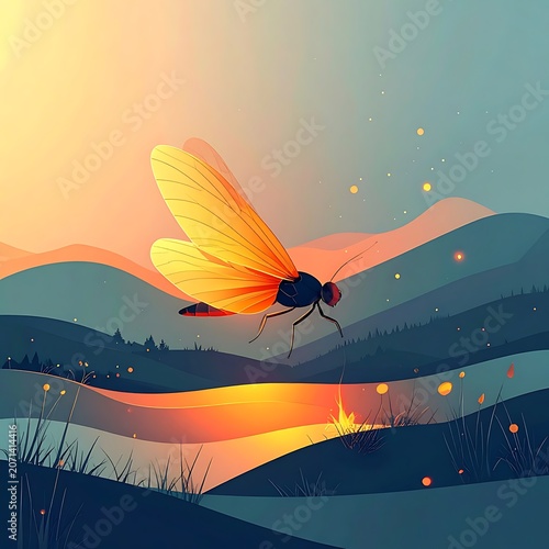 A firefly flies over a serene landscape at sunset
