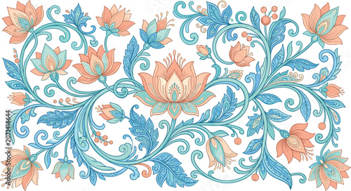 Fotografia Vibrant floral patterns unfold in intricate designs on fabric.
