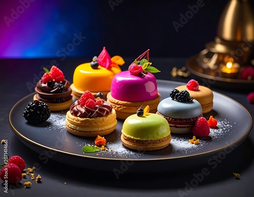 A plate of assorted colorful desserts with toppings