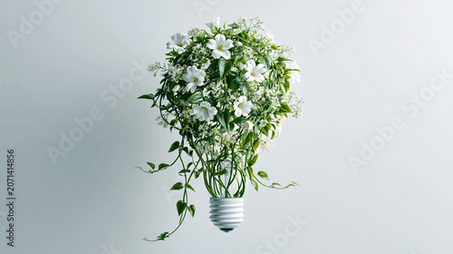 A creative light bulb with blooming white flowers and green foliage growing out, symbolizing ideas and growth.