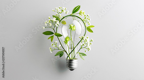 A clear light bulb contains delicate white flowers and green leaves, symbolizing eco-friendly ideas and sustainable innovation.