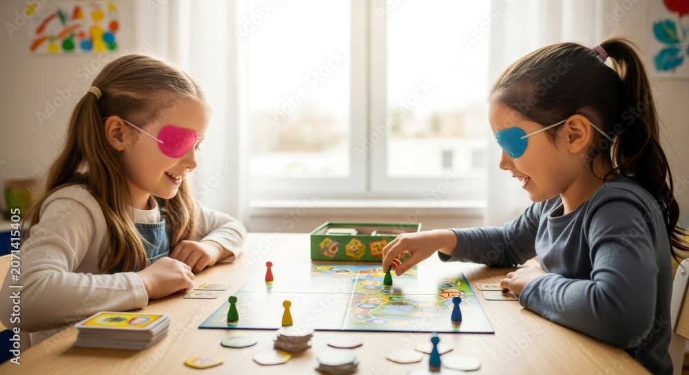 Fototapeta premium Two young girls wearing eye patches playing board game. Vision therapy for amblyopia children. Pediatric ophthalmology and eye care concept for kids.