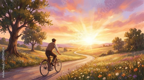 World Tourism Day Sustainable Travel, Peaceful Bicycle Ride at Sunset in Nature