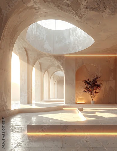 A serene, futuristic interior with arches and a plant