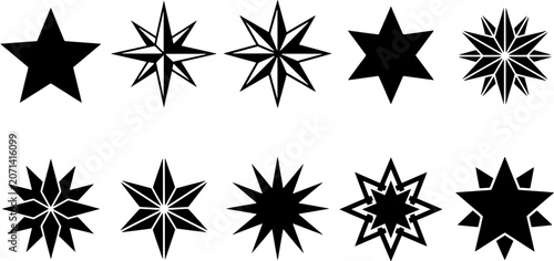 Star vector icon set, black geometric shapes on white background