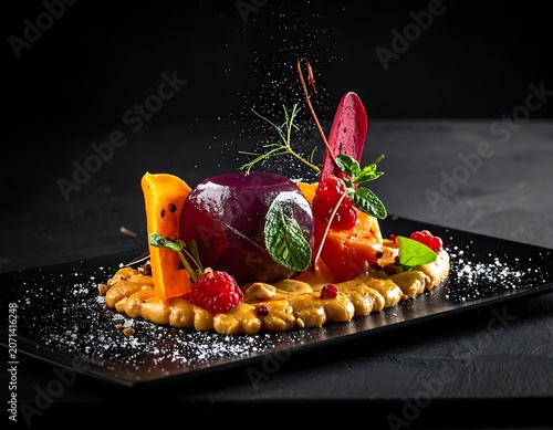 A gourmet dish with various fruits and sauce on a black plate