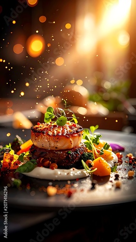 A gourmet dish with a seared scallop and garnishes on a plate