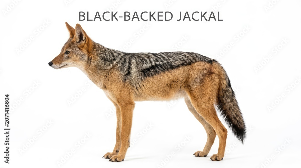 Obraz premium Black-backed jackal standing in profile against a white background