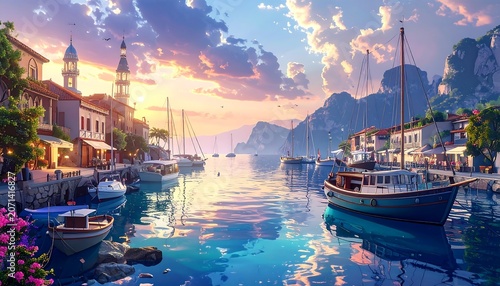 Coastal Village Harbor Sunset.