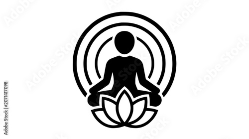 Bild auf Leinwand Meditating silhouette figure in lotus position with concentric circles and lotus