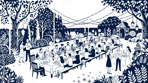 Bild auf Leinwand Outdoor Garden Party Feast, Long Table Dining, Friends Gathering, Evening Celebr