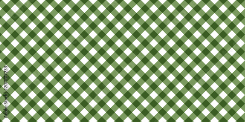 Classic seamless green and white gingham pattern. Diagonal checkered geometric plaid background for picnic tablecloth, country textiles, summer apparel, and rustic wrapping paper design.