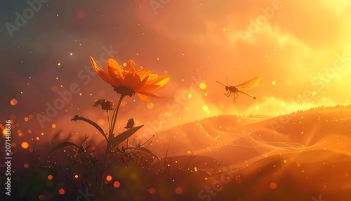 Vibrant sunset with a blooming flower and dragonflies