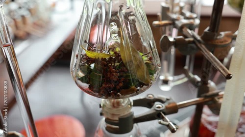 Glass flask with botanical spice and herb laboratory distillation setup for gin alcohol extraction, showcasing aromatic ingredients, scientific equipment, flavor infusion experiment, and creative