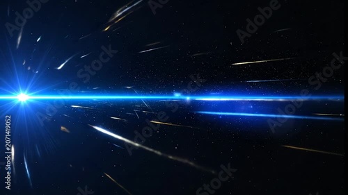 A bright blue light streaks across a dark starry space background