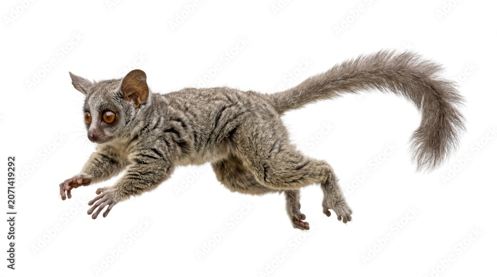 Obraz premium A small, striped lemur with large eyes captured in motion, its bushy tail trailing behind.