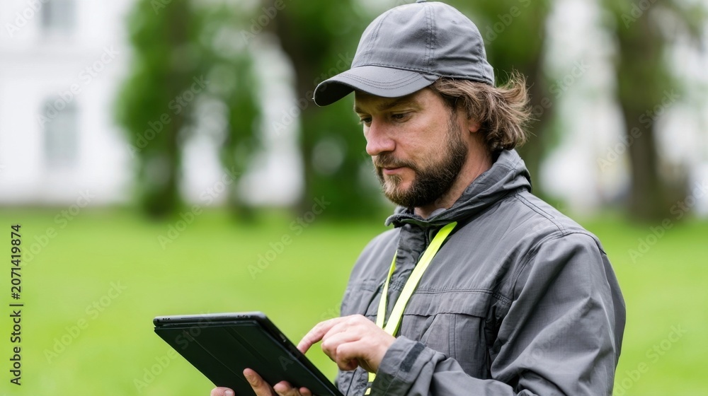 Fototapeta premium Man in a gray cap and jacket looking at a tablet outdoors
