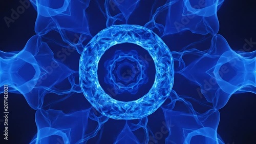 A glowing blue abstract pattern with symmetrical light energy waves