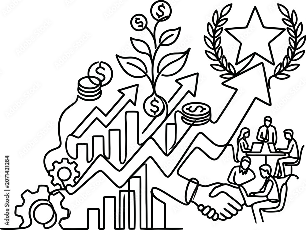 Fototapeta premium Continuous Line Drawing Concept of Business Growth and Success.
