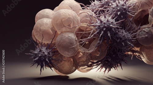 Foto Microscopic view of cancerous cells with spiky structures interacting with spher