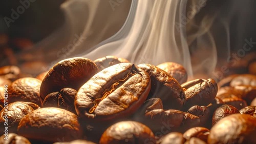 Freshly roasted coffee beans releasing aromatic steam in a pile