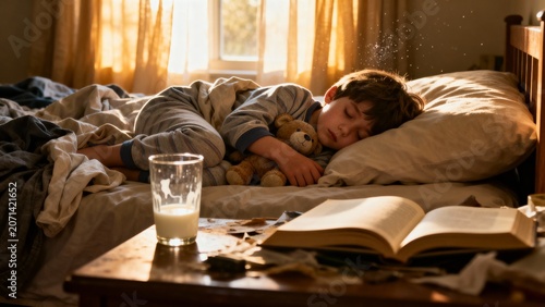 In a warm bedroom filled with soft sunlight, a young boy sleeps peacefully clutching a teddy bear. A glass of milk and a book lay nearby, hinting at a charming bedtime story.