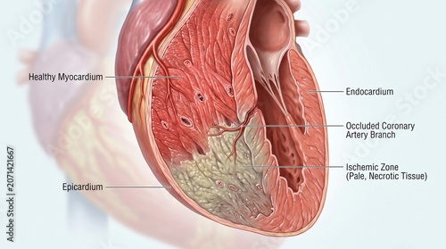 Cuadro en lienzo Detailed medical illustration of a human heart showing healthy and ischemic myoc