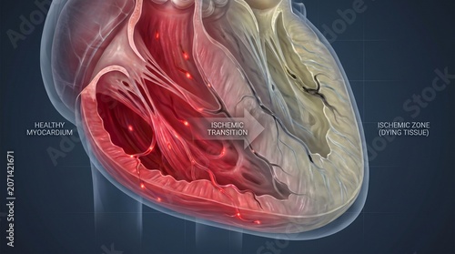 Obraz na plátně Medical illustration of a human heart showing healthy myocardium ischemic transi