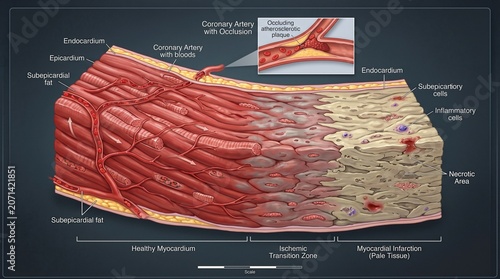 Valokuva Anatomical illustration of healthy myocardium ischemic transition zone and myoca