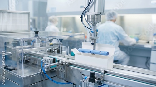Photos Automated pharmaceutical packaging machine assembling and boxing medical pens in