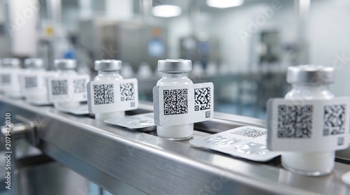 Pharmaceutical vials with QR codes on a conveyor belt in a sterile manufacturing facility