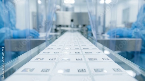 Cuadro en lienzo Rows of white labels with QR codes move on a conveyor belt in a cleanroom with b